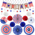 4th of July Decorations Independence Day Patriotic Decor Set - Red White Blue Paper USA Banner Flag Fans Star Streamer Pom Poms for Memorial Veterans Labor Presidents Flag Day Home Parties Accessories