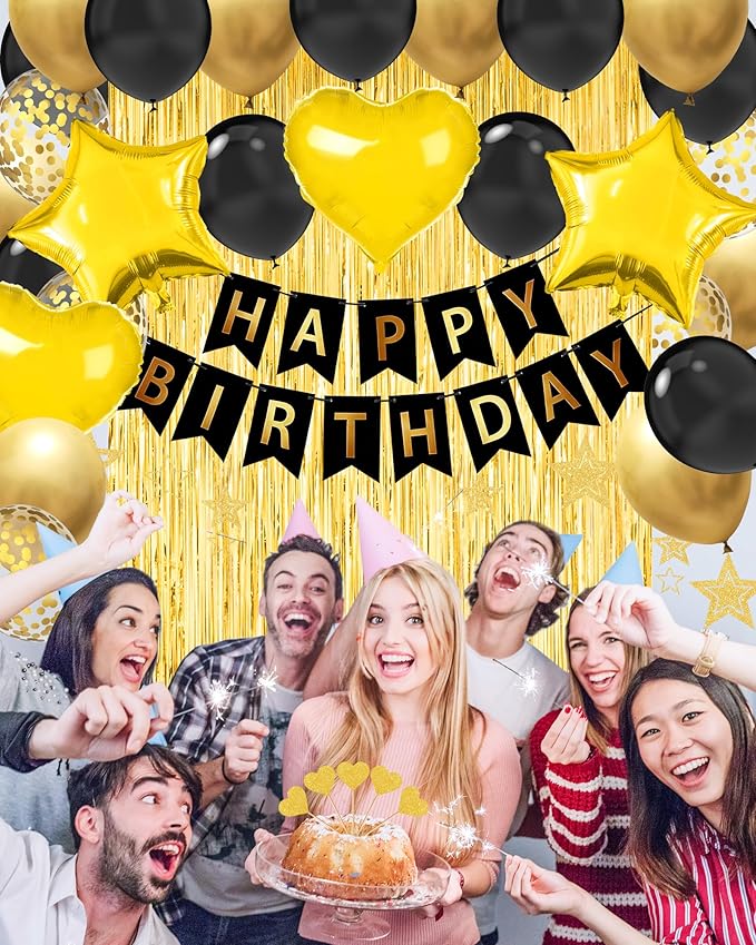 Black Gold Happy Birthday Party Decorations, Happy Birthday Banner, Black Gold Foil Heart Star Confetti Balloons Curtain Backdrop Hanging Swirls Party Decor for Boys Men