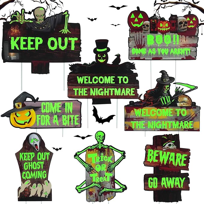 8 PCs Halloween Decorations Outdoor Tombstone Yard Sign With Stakes - Glow in the Dark Graveyard Tombstones, Pumpkin Ghost Props for Family Home Front Yard Lawn Garden Party Decor