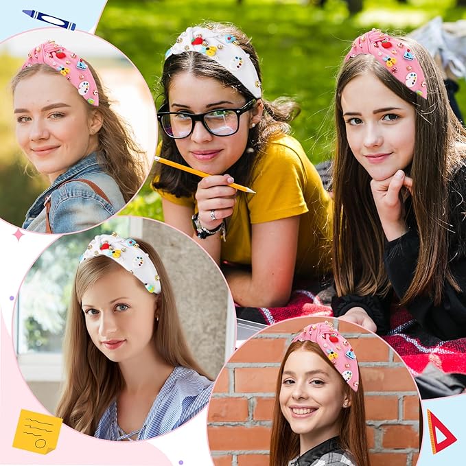Teacher Headbands for Women, Teacher Appreciation Gifts, Pearl Rhinestone Back to School Headband for Girls, Jeweled Top Knot Embellished Hairband,Teachers Hair Accessories Outfits (White)