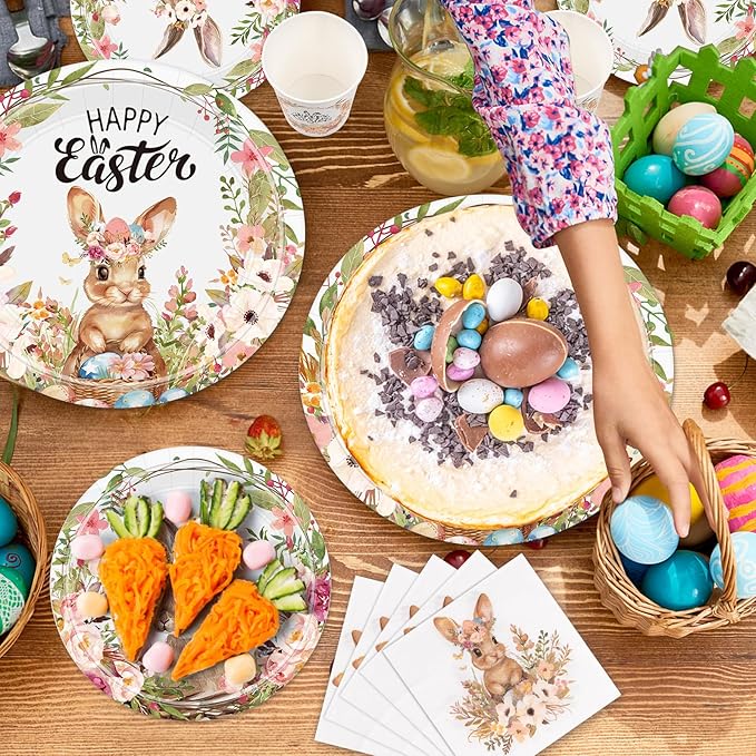 100Pcs Easter Party Decorations, Easter Tableware Set Serve 25 Guests 9" Dinner Plates 7" Dessert Plates 9OZ Paper Cups Napkins, Disposable Dinnerware Set, Paper Plate Bunny Egg Party Supplies