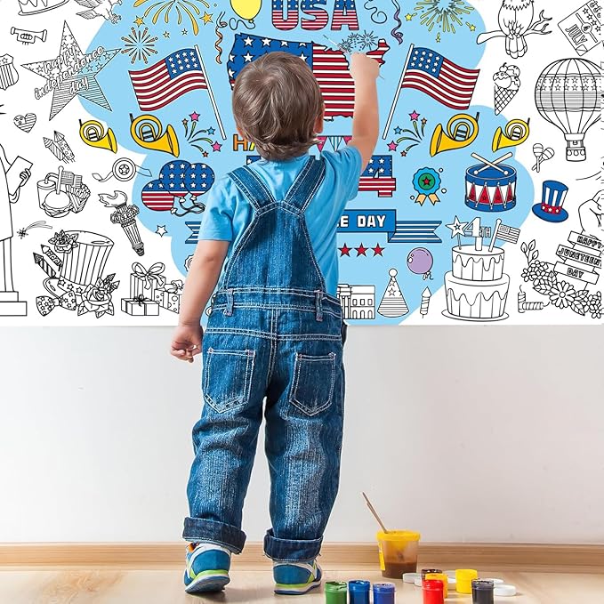 4th of July Giant Coloring Tablecloth,Patriotic Giant Poster 30x72 for Independence Day, Decor American Flag Poster TableCover,Kids Art Crafts Coloring for Classroom School Party Tablecloth