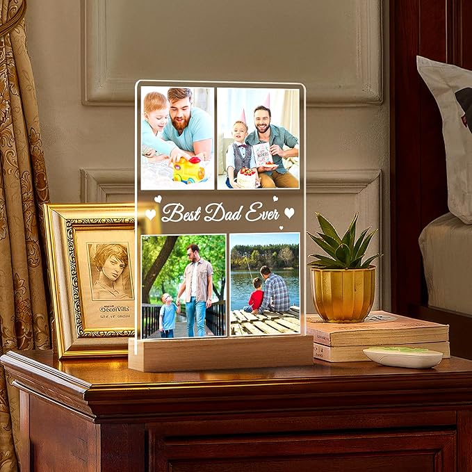 Best Dad Ever Gifts, Custom Collage Picture Frames with Night Light, Personalized Photo Frame, Customized Picture Frame with Photo, Personalized Birthday Gifts for Dad Baby Kids Family