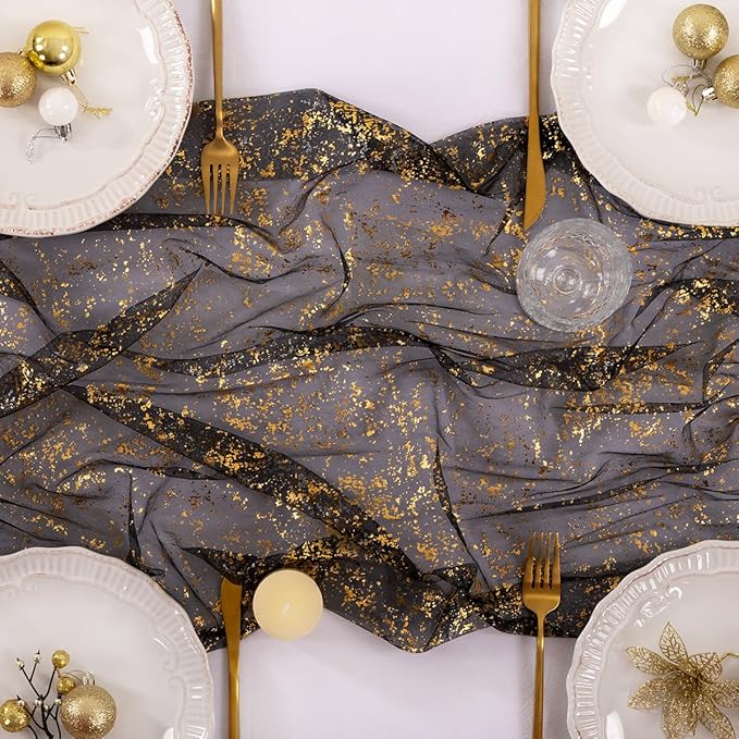 Socomi Gold Table Runner Gauze Tulle Sheer Glitter Metallic Foil Chiffon Cheesecloth Sequin 10FT Wedding Birthday Party Dining Anniversary Holiday Centerpiece Table Decor Black
