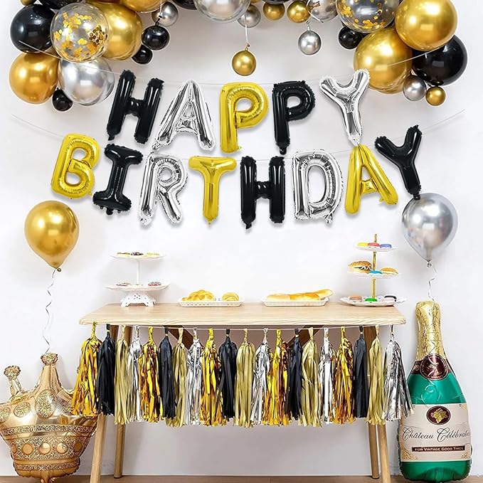 TONIFUL Happy Birthday Balloons Banner 16 Inch Mylar Foil Letters Birthday Sign Reusable for Girls Boys Kids & Adults Birthday Party Decorations Supplies（Black Silver Gold）