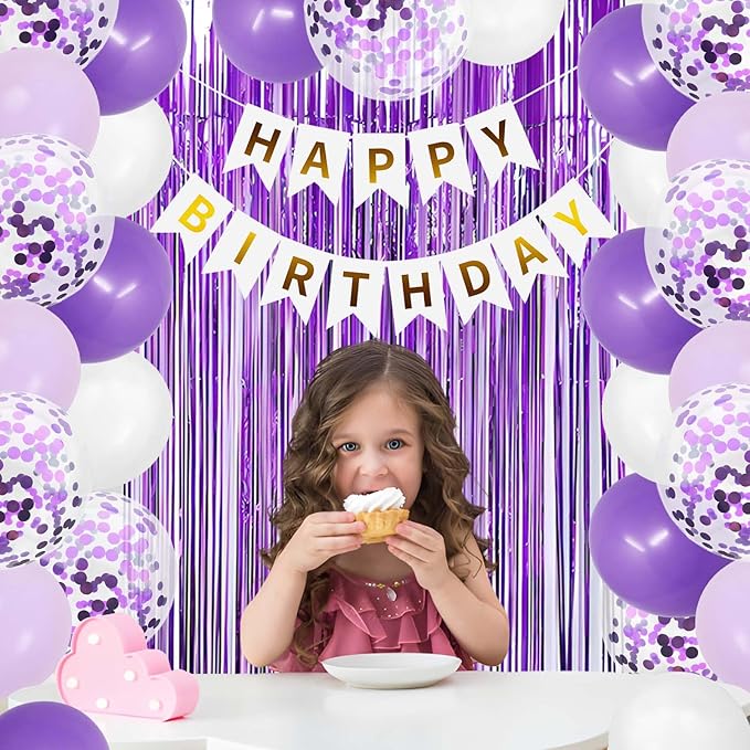 ZHENGYE Purple Birthday Party Decorations Kit Happy Birthday Banner Fringe Curtains Confetti Balloons for Women Girls Party Decorations Supplies