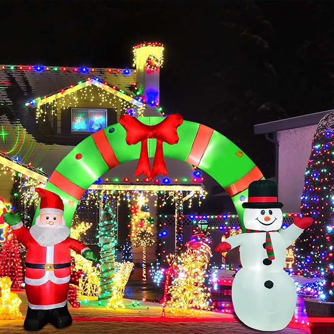 12 Ft Lighted Christmas Inflatable Archway, Inflatable Santa Claus and Snowman Arch Indoor and Outdoor Holiday Decorations, Built-in Led Lights, Large Outdoor Patio Decorations Garden Props