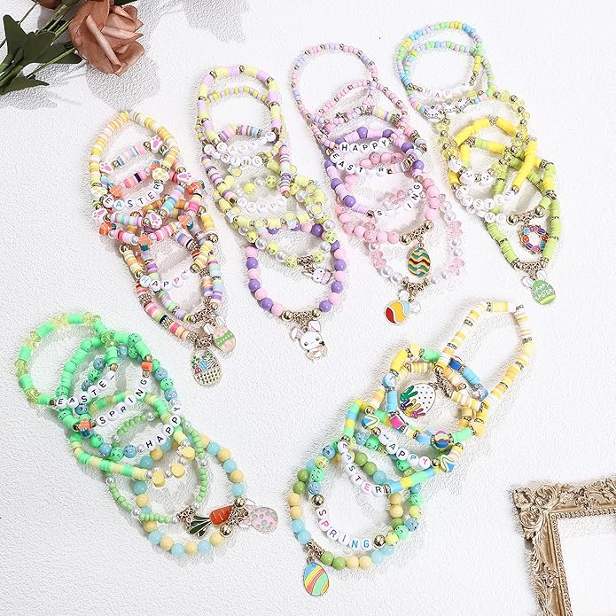 Cooluckday 36 Pcs Holiday Heishi Surfer Bracelets for Women Bulk Easter Mother's Day Christmas St. Patrick's Day Mardi Gras Bracelet Stackable Stretch Friendship Bracelets Set