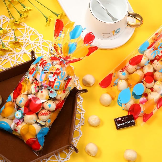 Blulu 100 Pcs Happy Birthday Cellophane Treat Bags Colorful Birthday Candy Goodie Bags Plastic Birth Loot Gift Wraps Goodie Cookies Paper Sacks with Silver Twist Ties for Weddings Party Favors