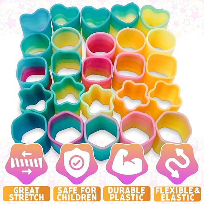 25Pcs Sensory Spring Fidget Toy Set - Rainbow Spring Party Favors with Color & Shape Recognition - Flexible Mini Springs for Teens & Adults in the Shapes of a Circle, Heart, Hexagon, Square & Star