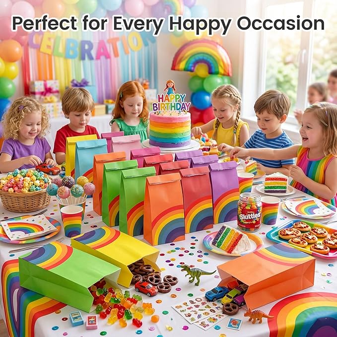 LovesTown 36 Pack Party Favor Bags, 4.8 x 3 x 8.7 Inch Rainbow Paper Bags 8 Colors, for Kids Christmas Birthdays Baby Showers Party Supplies