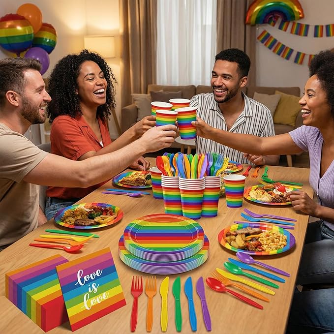 168Pcs Pride Paper Plate and Napkins Rainbow Party Supplies Disposable Tableware Set for Colorful Stripes Party Decorations Serve 24 Guests