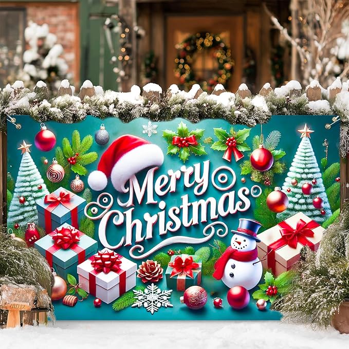 Christmas Banner Merry Christmas Snowman Gift Tree Backdrop Green Red White Holiday Wall Decoration Party Photo Prop Indoor Outdoor Scene for Home Office 71 X 43 Inches