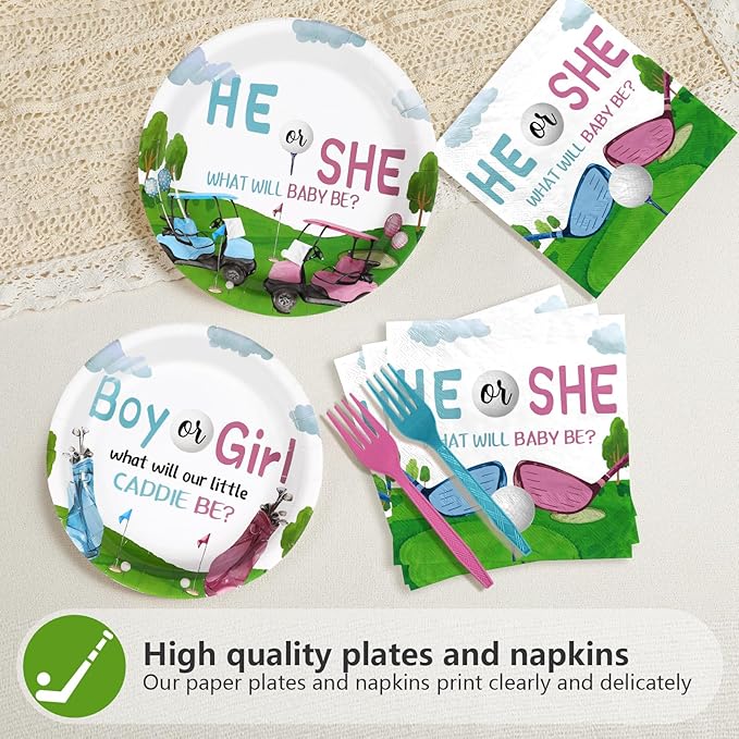 Grencian 96Pcs Golf Gender Reveal Party Supplies He She Theme Plates and Napkins Tableware Sets Pink and Blue Disposable Decoration for Baby Shower Newborn Pregnancy Boy Girl Birthday Party Serve 24