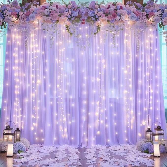 10ft x 10ft Lavender Chiffon Backdrop Curtain with Lights String for Parties,2 Panels Sheer Tulle Curtain Wedding Photo Backdrop with Lights for Baby Shower Birthday Party Ceremony Home Decorations