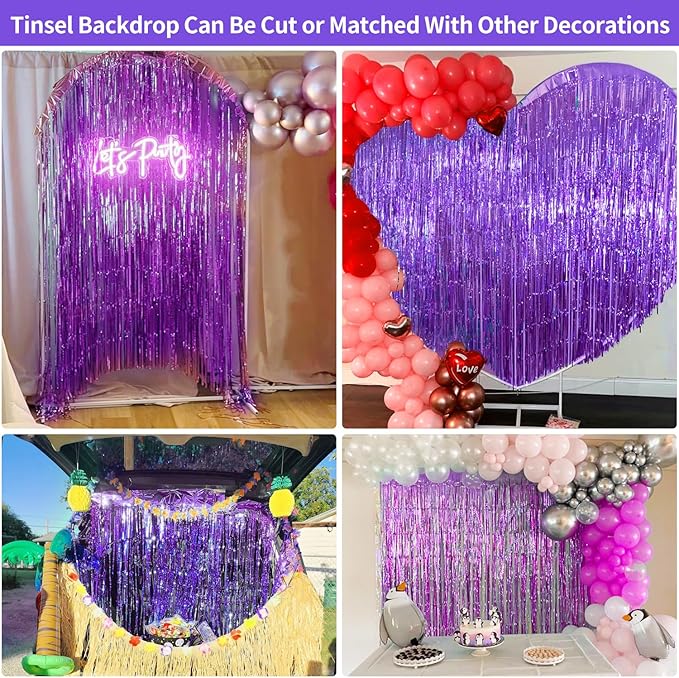 Purple Backdrop Party Decorations 3.3x8.2ft, 2 Pack Foil Fringe Curtains Door Streamers for Easter Decor, Purple Tinsel Backdrop for Demon Hunters Birthday Graduation Baby Shower Halloween Christmas