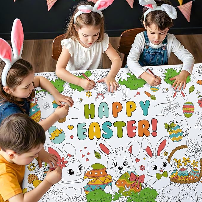 Giant Easter Coloring Poster - Large Happy Easter Coloring Tablecloth Cover, Jumbo Cute Bunny Paper Colorable Table Cloth Banner for Easters Gifts Activities Game Party Decorations Props, 31 x 72Inch