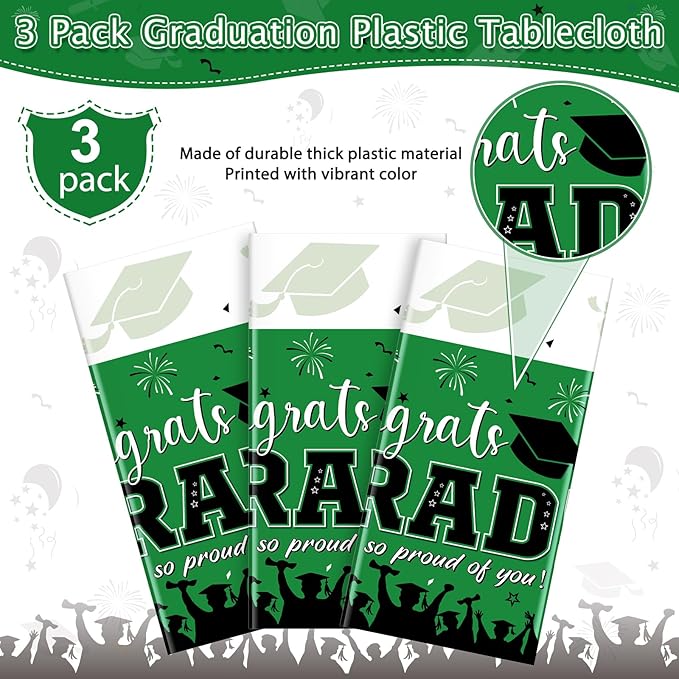 3 Pack Graduation Tablecloth Party Decorations, Class of 2026 Congrats Grad Plastic Tablecover Party Supplies, Green Rectangle Graduation Table Decorations for College High School Party, 54 x 108 Inch