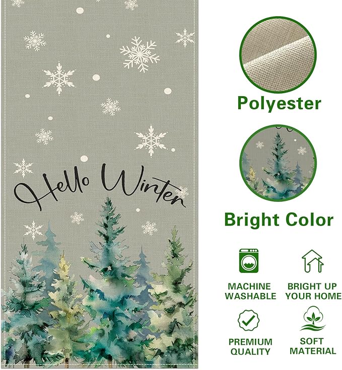 Hello Winter Pine Tree Grey Dining Table Runner, Watercolor Snowflake Burlap Kitchen Decoration, Farmhouse Christmas Indoor Outdoor Home Decor Party Supply 13 x 72 Inches