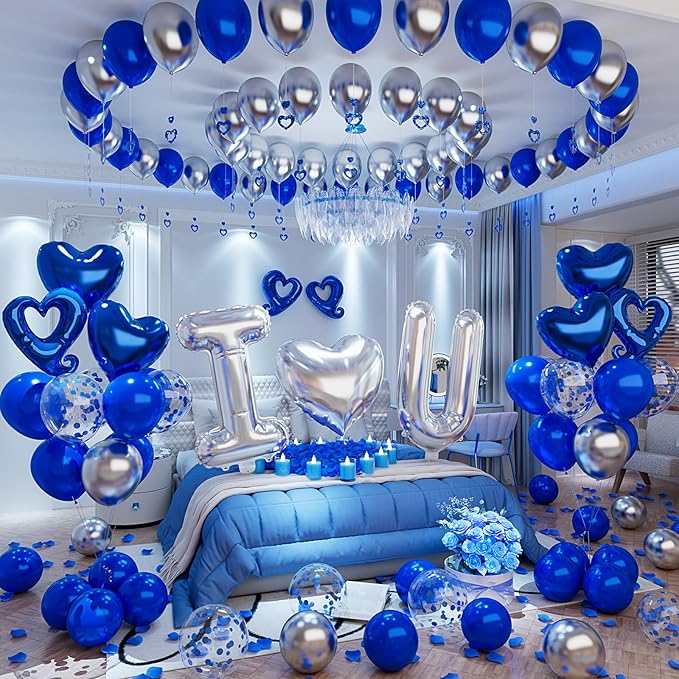 Bonropin I Love You for Him/Her Balloons Royal Blue and Sliver balloon kit with 24/18in Heart Shaped Foil Balloons and 400pcs Blue Artificial Rose Petals for Valentines Party Romantic Decoration