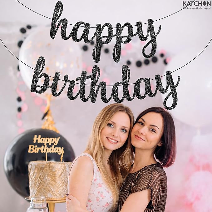 KatchOn, Glitter Cursive Black Happy Birthday Banner - Pre-Strung, 10 Feet | Happy Birthday Sign | Birthday Decorations for Women, Men, Boys and Girls | Birthday Party Decorations