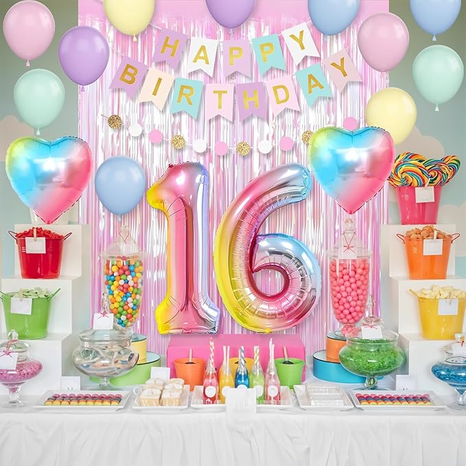 16th Birthday Decorations Rainbow,Gradient Number 16 Balloon,Pastel Happy Birthday Banner Fringe Curtain Heart Foil Balloons Boys Girls 16 Year Old Decor