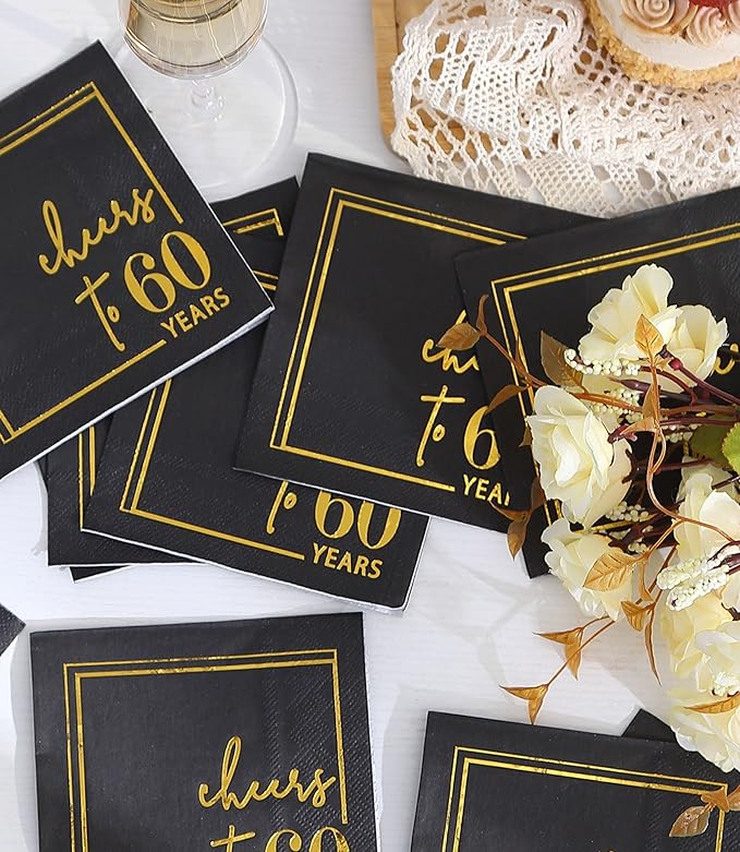 Cheers to Years Cocktail Napkins - 50 PK - 3-Ply Birthday Napkins 5x5 Inches Disposable Party Napkins Beverage Paper Napkins or Birthday Decorations Wedding Anniversary Black and Gold (60 Years)