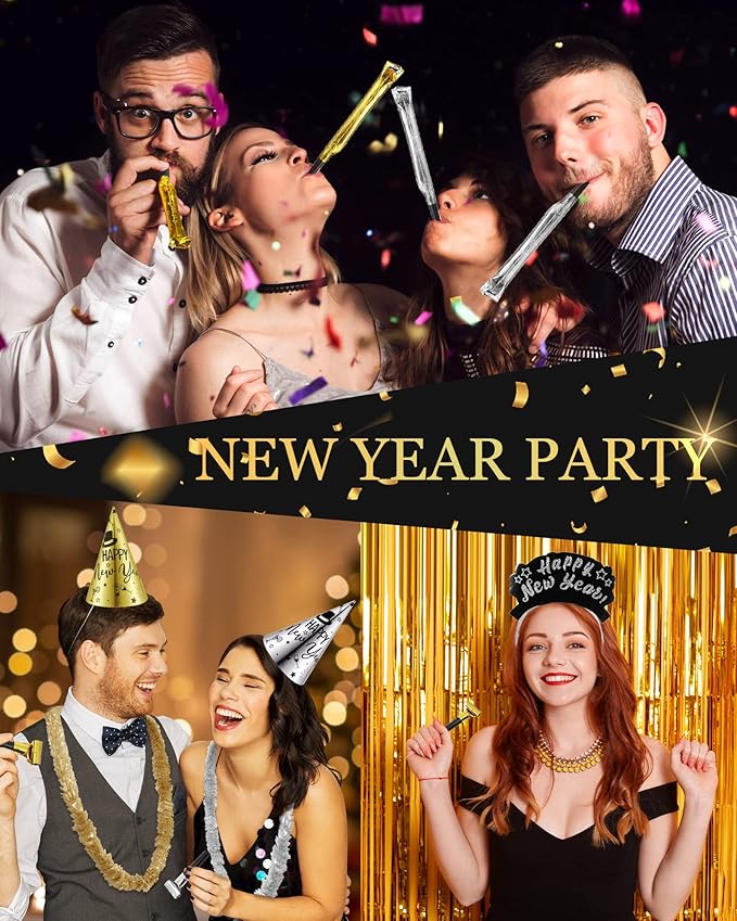 Wettarn 144 Pcs New Years Eve Party Supplies Happy New Year Cone Hats Black Silver and Gold Tiaras Squawkers Leis for 48 Guests Newyear Celebration Gift Party Favors Accessories