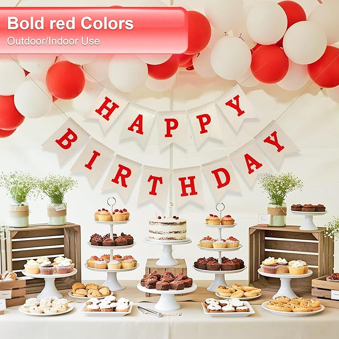 Happy Birthday Banner - Pre‑Strung Burlap Birthday Decorations and Reusable Birthday Sign for Men, Women & Kids | Party Supplies Backdrop (Red)