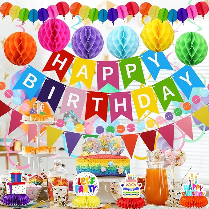 Birthday Decorations Kit, Happy Birthday Banner with Table Centerpieces, Colorful Paper Flag Garland, Hanging Swirl Streamers & Honeycomb Balls for All Birthday Party Decorations