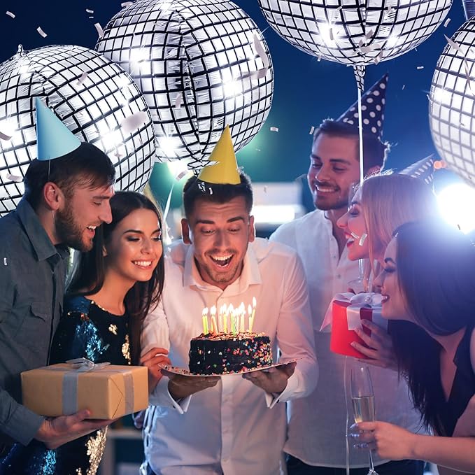 Leitee 18 Pcs 32 in Big Disco Ball Balloon 70s Disco Balloons Party Decoration Large 4d Aluminum Foil Inflatable Ball Giant Silver Metallic Mirror Decor for Baby Shower Wedding Birthday Dance Party