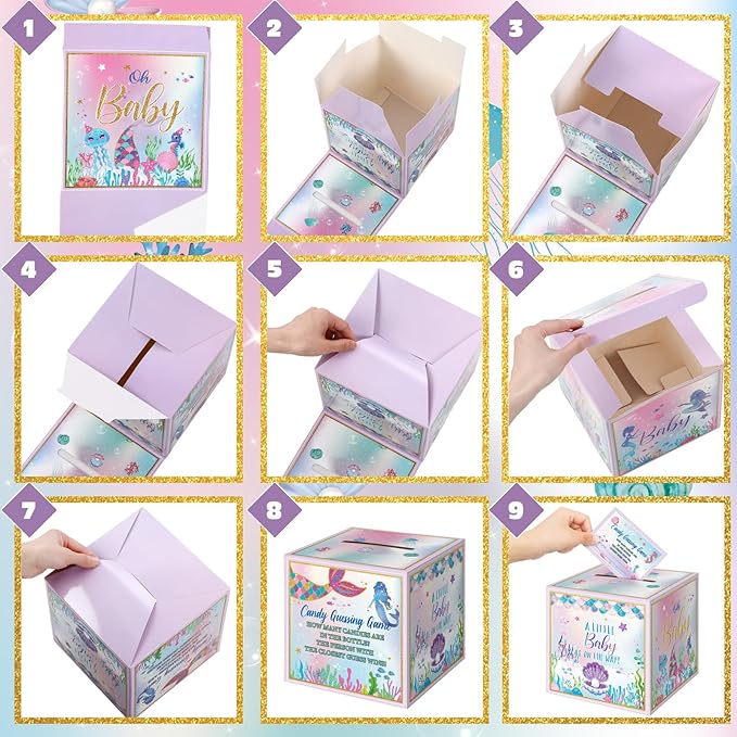 Glenmal 52 Pcs Baby Shower Games Gift Sets Large Baby Bottle for Shower Game Guess How Many Candies Decorations for Gender Reveal(Mermaid)