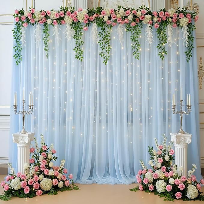 Baby Blue Backdrop Curtains for Baby Shower Decorations 10×8FT Tulle Backdrop Curtain with Lights for Boy Parties Elephant Birthday Party Photo Shoot Backdrop Background Decorations (2 Panels 4×10ft)