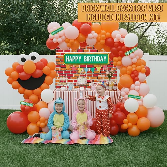 Sesame Friends Birthday Party decorations Cartoon Theme primary color Balloon Garland Kit Red Orange Pink White Latex Balloon Arch With background For kid birthday supplies Back to School decorations