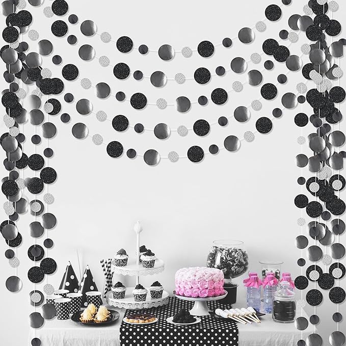 Outus 5 Pieces Black,Silver Round Dots Garland Easter Graduation Party Hanging Decor Each Length 13.1ft Glitter Paper Dot Streamers for Birthday Wedding Classroom