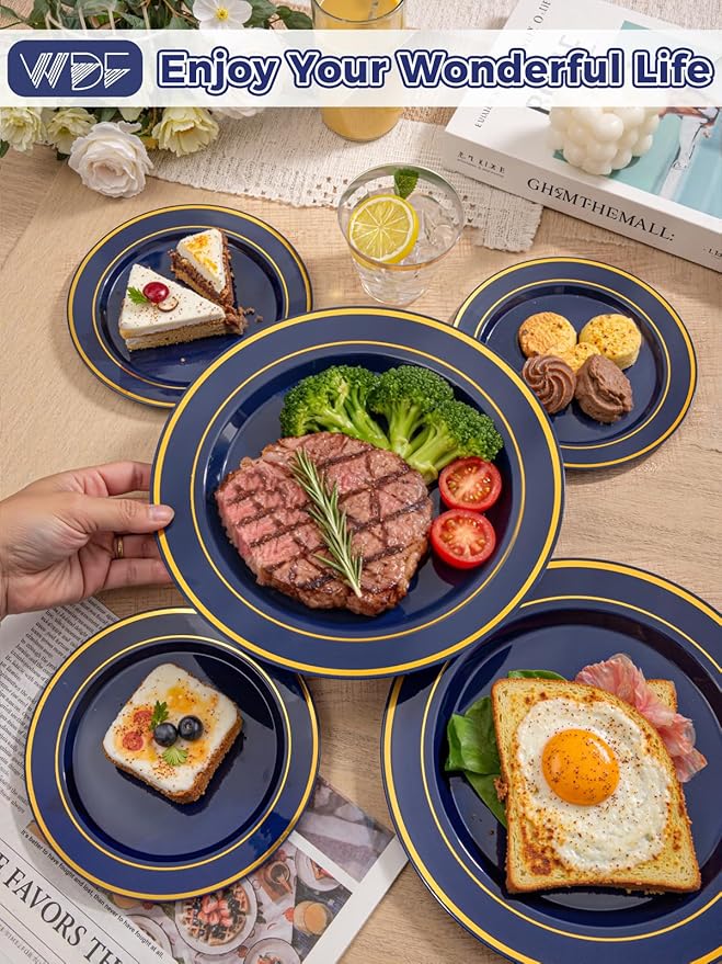 350PCS Navy Blue and Gold Plastic Plates with Rolled Napkins Include Dinner Plate 10’’, Dessert Plate 7’’, gold Cups 9 OZ, Pre Rolled Napkins for Passover/Birthday/Wedding/Easter