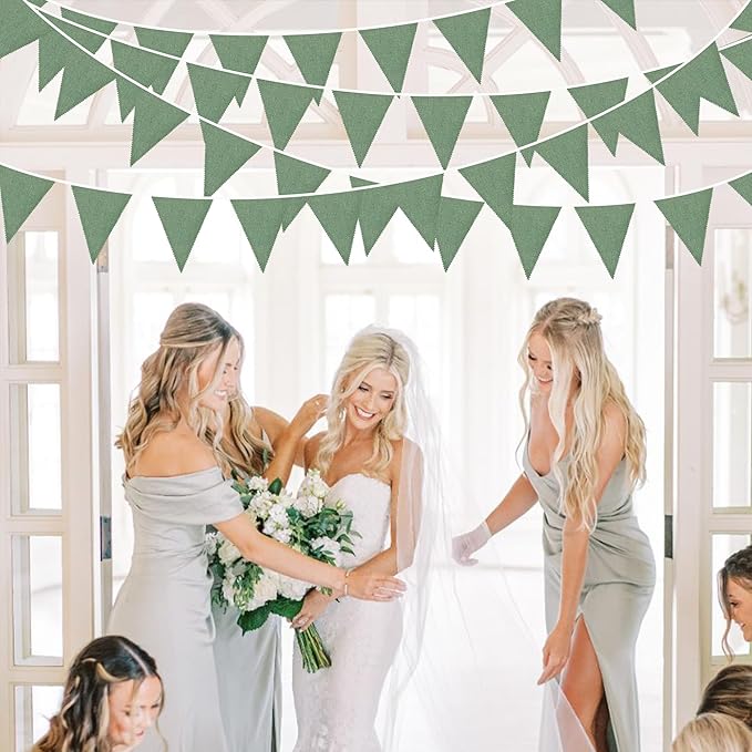 46Ft Sage Green Party Decorations Sage Green Burlap Banner Triangle Pennant Flag Linen Bunting Garland Streamers for Jungle Safari Birthday Wedding Golf Baby Shower Summer Dinosaur Party Decorations