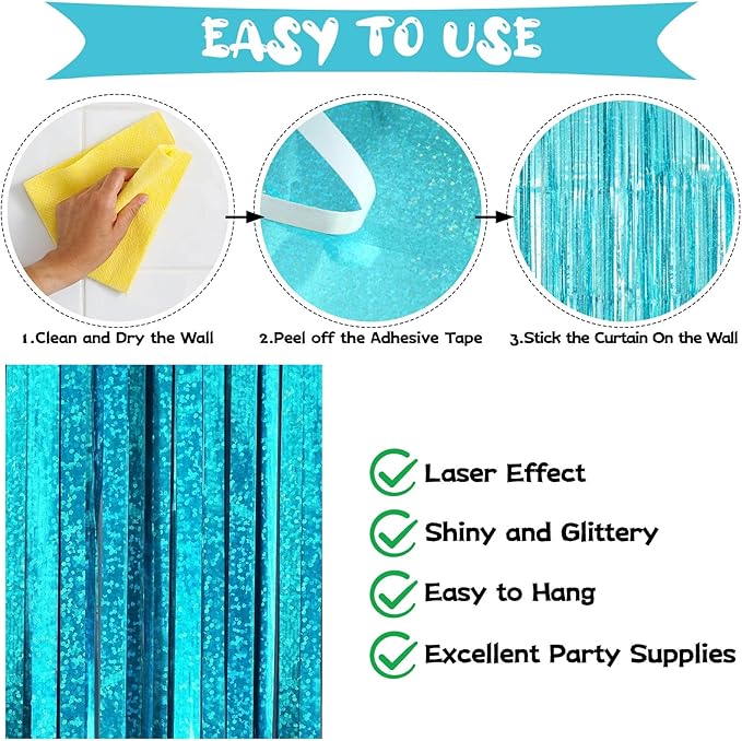 Blue Tinsel Foil Fringe Curtain Backdrop, 3.3 x 8.2 ft Metallic Glitter Curtain Streamers, 2 Pack Light Blue Photoboth for Birthday Mermaid Baby Shower Party Decorations