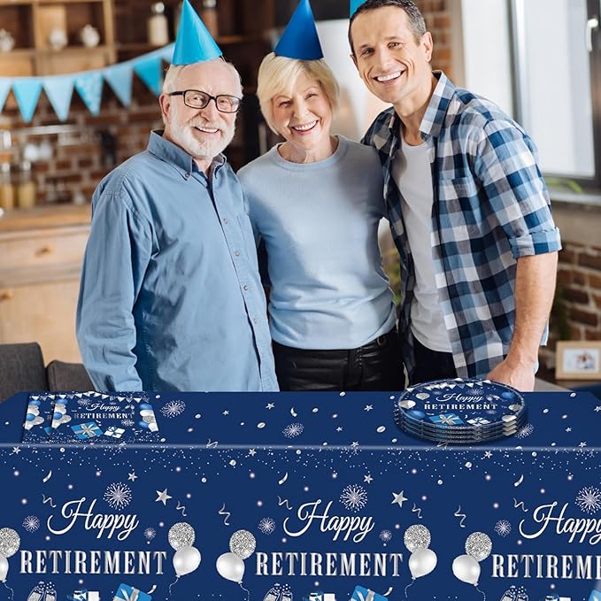 41PCS Retirement Party Decorations Blue Silver Happy Retirement Decorations for Men Women Include Paper Plates Napkins Tablecloth Set for Men Woman Farewell Party Tableware ,Serves 20