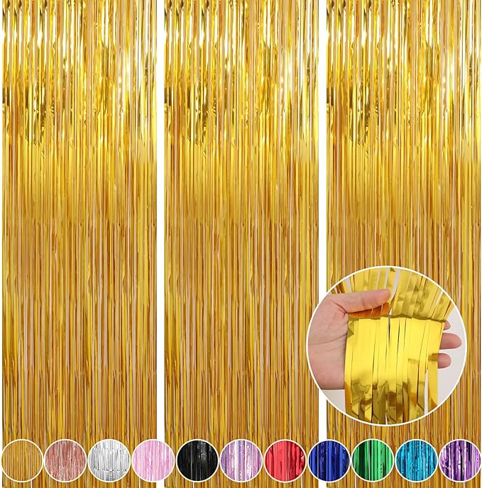 Crosize 4 Pack 3.3 x 9.9 ft Gold Foil Fringe Curtains Party Decorations, Gold Tinsel Curtain Backdrop for Parties, Door Streamers, Glitter Streamer Fringe Backdrop for Birthday Decoration