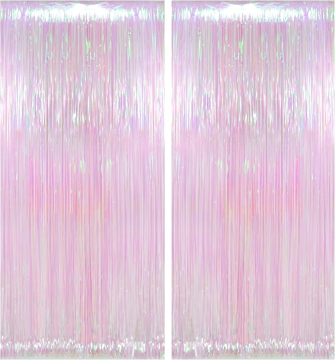 Melsan Transparent Backdrop Curtain, 3.28 x 8ft Extra Long Clear Foil Fringe Curtain with Extra Backup Tape, Soft Shimmer Party Decoration for Baby Shower, Candy Theme & Photo Booth, 2 Pack