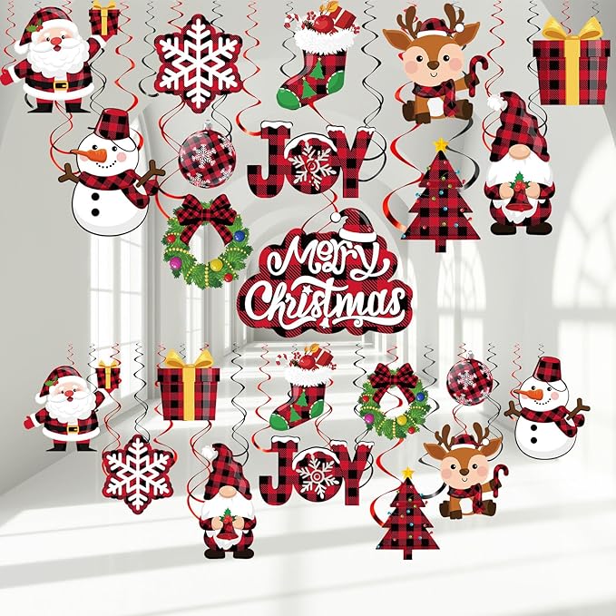 Sumind 30 Pcs Christmas Swirl Ceiling Hanging Decorations Set Xmas Holiday Snowman Elk Sign Hanging Foil Christmas Indoor Decorations for Ceiling Xmas Holiday Party Decor(Red, Black)