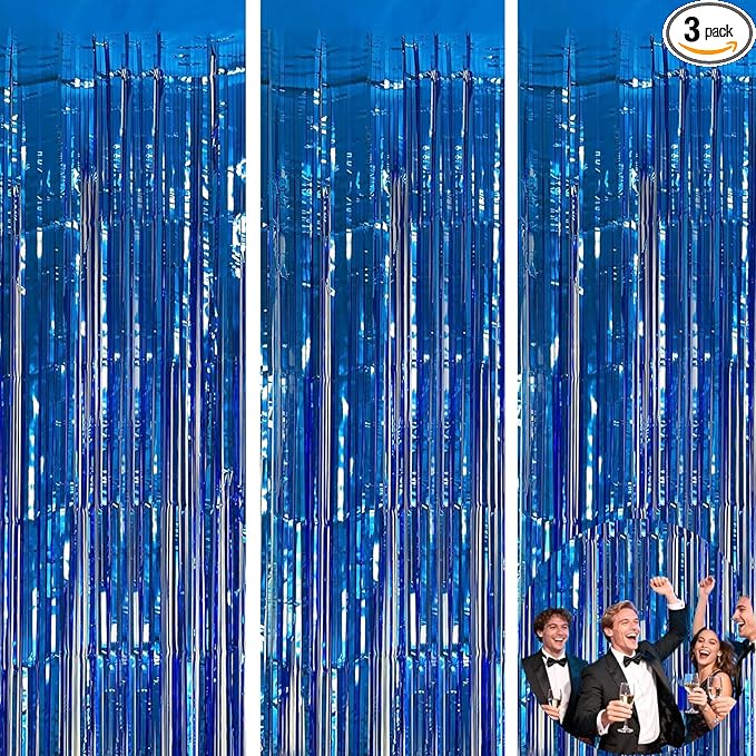 jijAcraft 3 Pack Metallic Blue Tinsel Foil Fringe Curtain, Party Photo Backdrop, Lake Blue Streamers for Ocean Themed Mermaid Under the Sea Party Boy Birthday Baby Shower Graduation Decorations