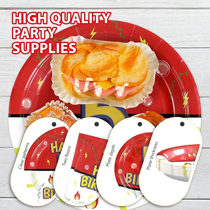 Grencian 96Pcs 5th Cartoon Happy Birthday Party Supplies Red and White Paper Plates and Napkins Tableware Sets Large Anime Themed Decoration for Birthday Cartoon Kids Children Party Serves 24