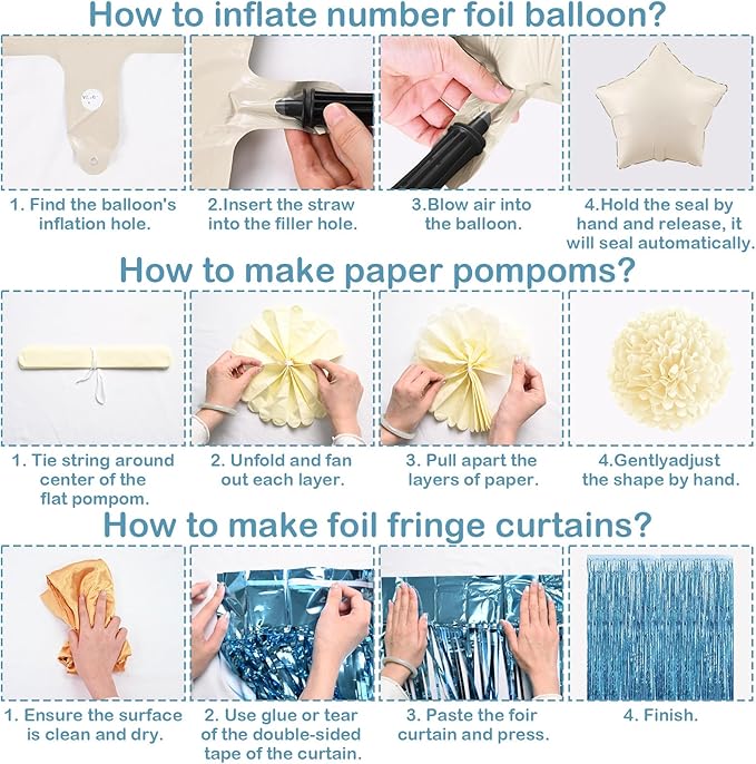 Dusty Blue 40th Birthday Party Decorations for Women Men Beige Cream Number 40 Balloon with Blue Gold Happy Birthday Banner Fringe Curtain Paper Pom Poms Nude White Sand Champagne Star Foil Balloons
