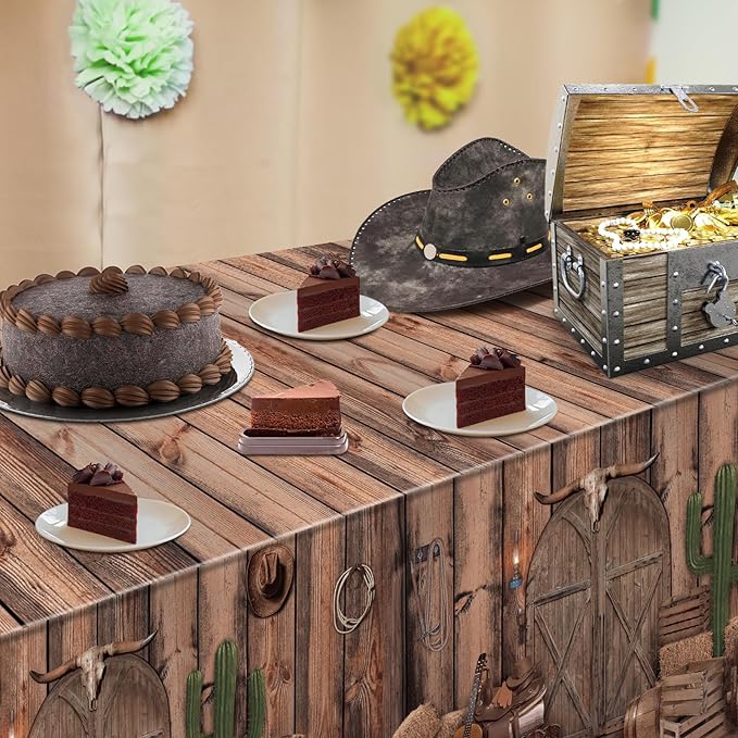 Western Party Tablecloths, 54 x 108 Inch Disposable Plastic Cowboy Table Cover for Rustic Farmhouse, West Wooden House, Western Theme Birthday Decorations Outdoor Indoor Party