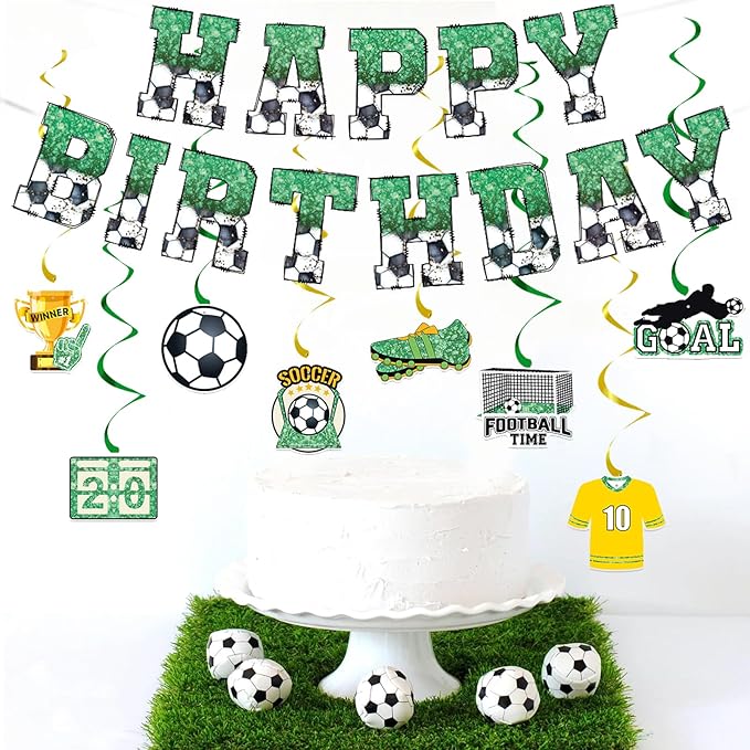 Zwiebeco Black Green White Football Happy Birthday Banner Bunting Hanging Paper Swirls Garland Party Decorations for Boys Girls Kids Adults Soccer Sports Themed Bday Decor Accessories Supplies