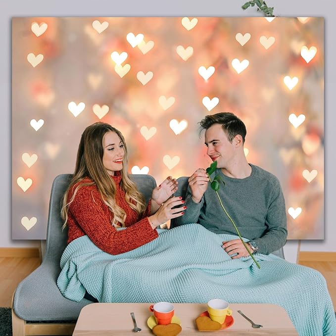 Romantic Happy Anniversary Backdrop Banner Gold Heart Light Decorations for Couples Date Night Wedding Engagement Birthday Party Photo Booth Background 8x6ft (96×72inch