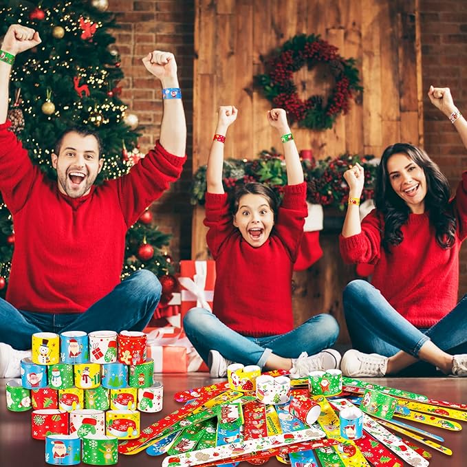 Max Fun 48pcs Christmas Slap Bracelets Party Favors Toys for Kids Xmas Party Favors Stocking Stuffers (Christmas)