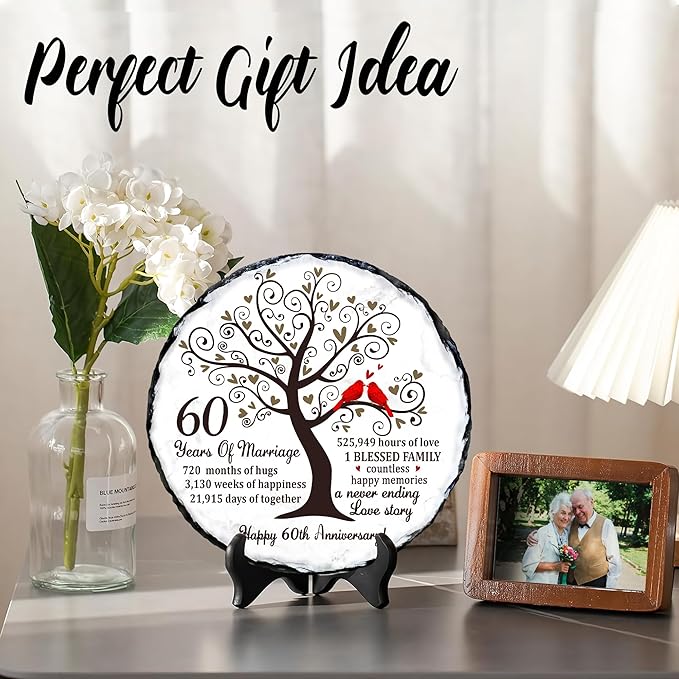 60th Diamond Wedding Anniversary Slate - 60th Wedding Gifts for Parents Grandparents - 60th Anniversary Decorations Gift Ideas - 60 Years of Marriage Plaque, 5.9 inches Plate Keepsake